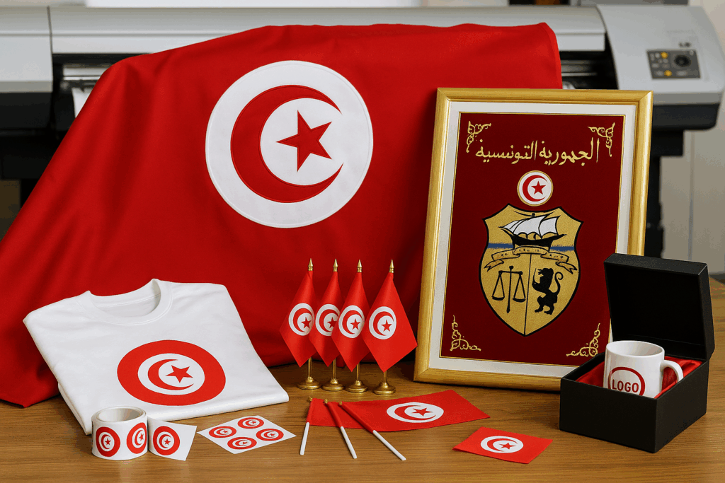 impression-tunisie Atelier tunisien présentant un grand drapeau en tissu, un emblème doré encadré avec inscription en arabe, des t-shirts imprimés, mini-drapeaux, étiquettes autocollantes et un coffret cadeau avec tasse logotypée, dans un cadre professionnel et lumineux.
